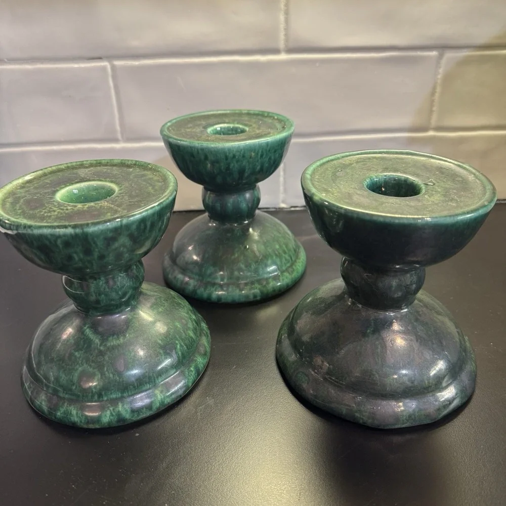 Vintage Gail Pittman Pottery Taper or Pillar Candle Holder Green  Signed Set 3‎
